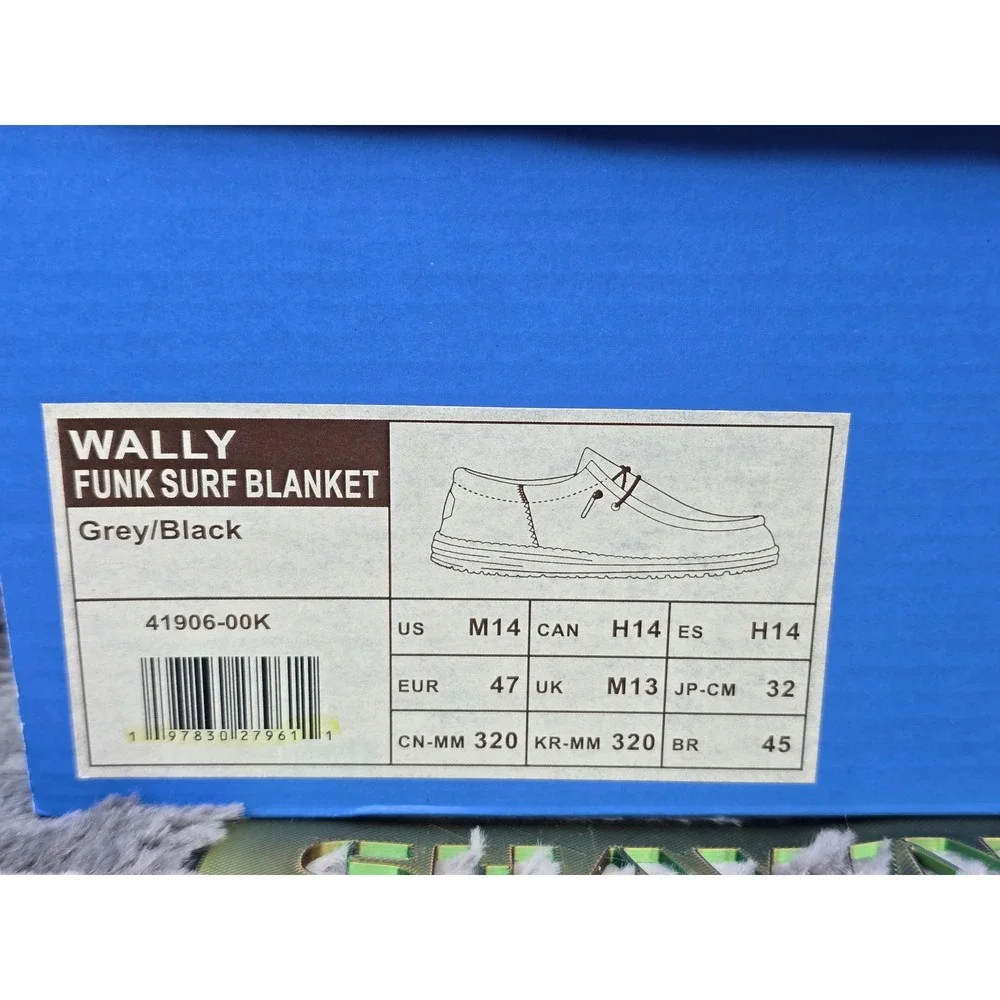 NWB Hey Dude Wally Funk Surf Blanket Grey Black Tribal Loafers Mens Size 14